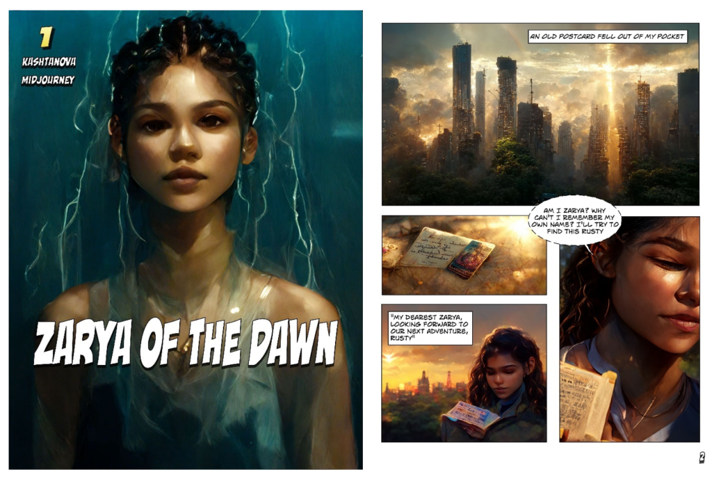 Page of a comic book titled "Zarya of the Dawn" authored by Kristina Kashtanova in which the illustrations in the comic book were generated using Midjourney, an AI-Image generation platform.